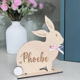Load image into Gallery viewer, Personalised wooden Easter bunny decoration, engraved with custom name. Perfect for Easter gifts, baskets, and festive home decor