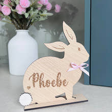 Load image into Gallery viewer, Personalised wooden Easter bunny decoration, engraved with custom name. Perfect for Easter gifts, baskets, and festive home decor