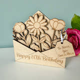 Load image into Gallery viewer, Wooden birthday card with floral design and pink rose on a light gray background
