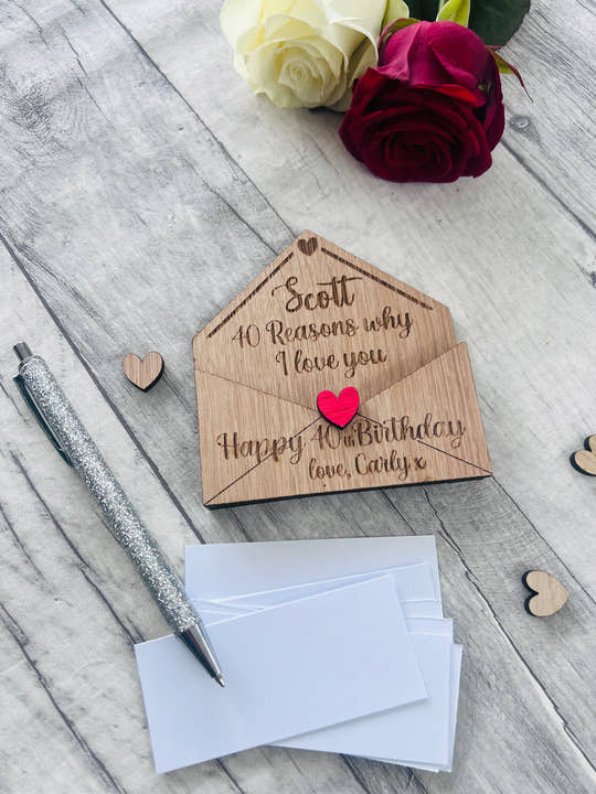 Personalised 40th Birthday Gift - Reasons Why I Love You Box - Custom Engraved Wooden Tokens for Him or Her