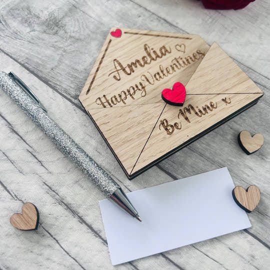 Personalised Wooden Valentine’s Gift - Engraved Love Letter Keepsake - Custom Romantic Envelope Design with Heart Detail