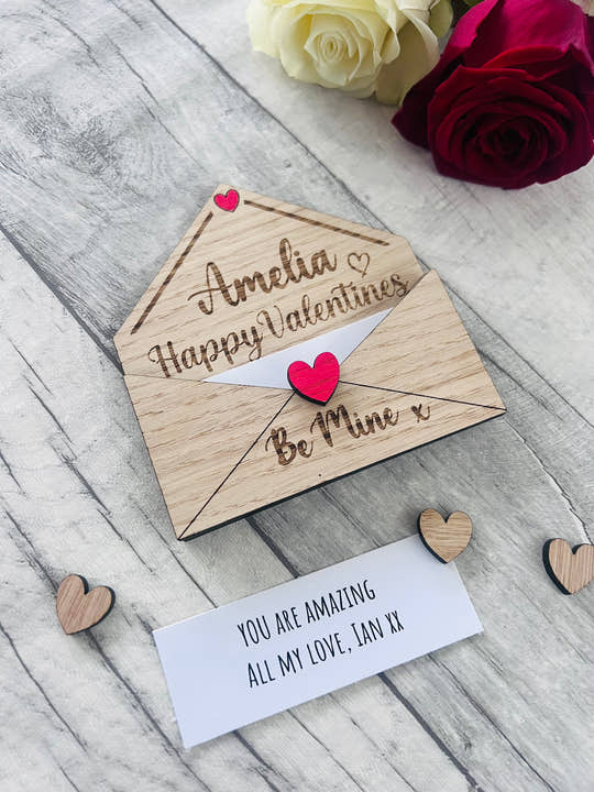 Personalised Wooden Valentine’s Gift - Engraved Love Letter Keepsake - Custom Romantic Envelope Design with Heart Detail