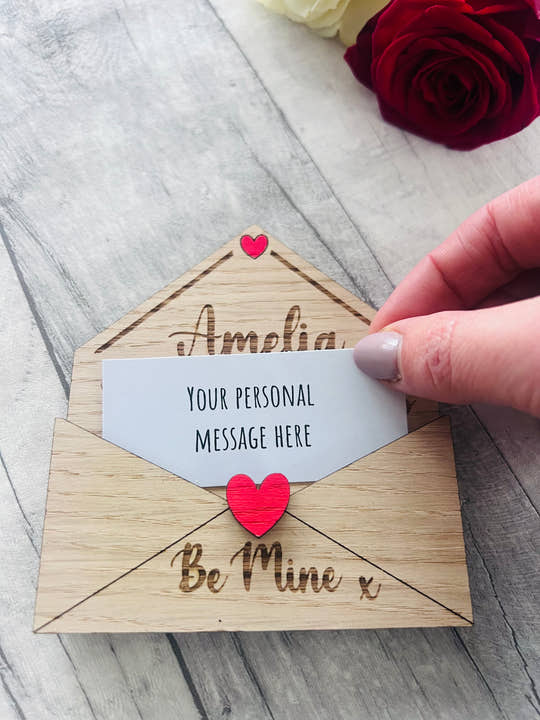 Personalised Wooden Valentine’s Gift - Engraved Love Letter Keepsake - Custom Romantic Envelope Design with Heart Detail