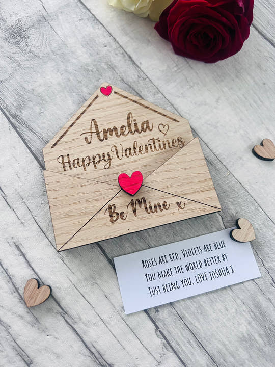 Personalised Wooden Valentine’s Gift - Engraved Love Letter Keepsake - Custom Romantic Envelope Design with Heart Detail
