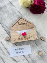 Load image into Gallery viewer, Personalised Wooden Date Night Gift - Engraved Love Letter Keepsake with Custom Name - Romantic Couples Gift with Surprise Date Ideas