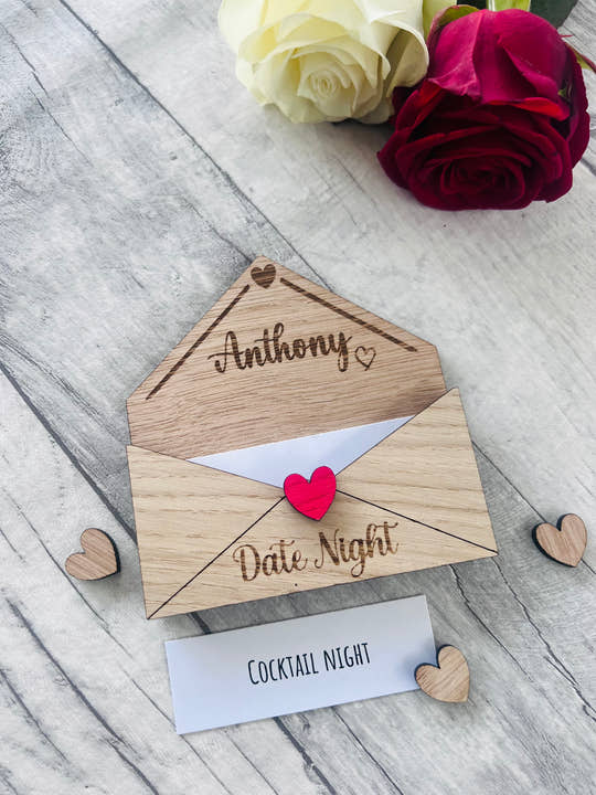 Personalised Wooden Date Night Gift - Engraved Love Letter Keepsake with Custom Name - Romantic Couples Gift with Surprise Date Ideas