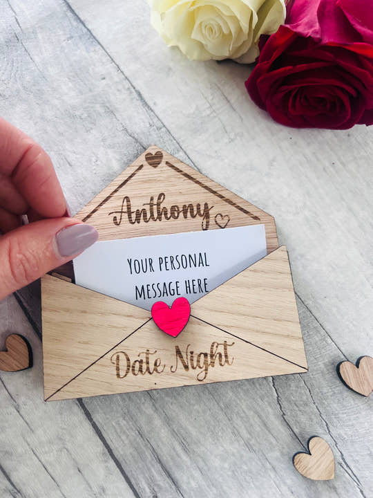 Personalised Wooden Date Night Gift - Engraved Love Letter Keepsake with Custom Name - Romantic Couples Gift with Surprise Date Ideas