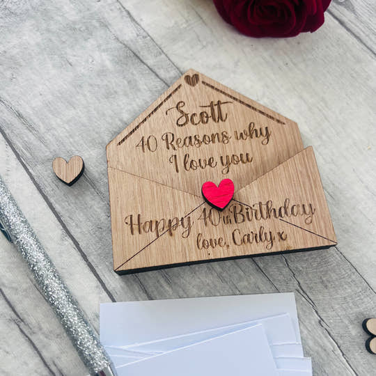 Personalised 40th Birthday Gift - Reasons Why I Love You Box - Custom Engraved Wooden Tokens for Him or Her
