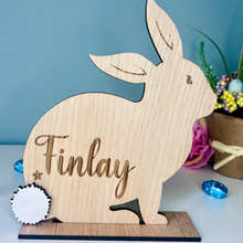Load image into Gallery viewer, Personalised wooden Easter bunny decoration, engraved with custom name. Perfect for Easter gifts, baskets, and festive home decor