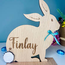 Load image into Gallery viewer, Personalised wooden Easter bunny decoration, engraved with custom name. Perfect for Easter gifts, baskets, and festive home decor