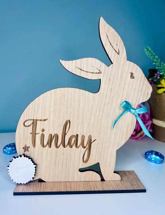 Personalised wooden Easter bunny decoration, engraved with custom name. Perfect for Easter gifts, baskets, and festive home decor