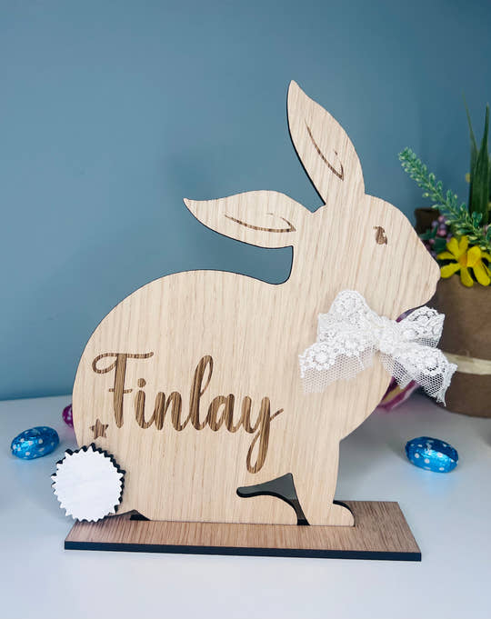 Personalised wooden Easter bunny decoration, engraved with custom name. Perfect for Easter gifts, baskets, and festive home decor