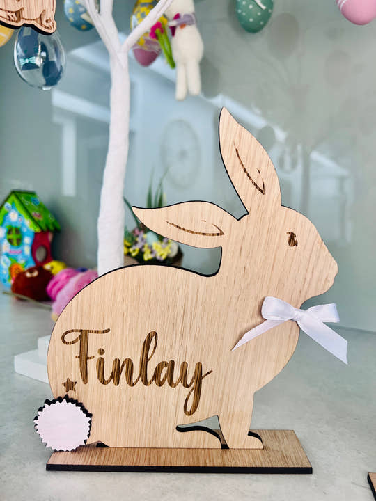 Personalised wooden Easter bunny decoration, engraved with custom name. Perfect for Easter gifts, baskets, and festive home decor