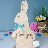 Load image into Gallery viewer, Personalised wooden Easter bunny decoration, engraved with custom name. Perfect for Easter gifts, baskets, and festive home decor