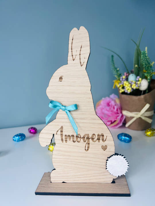 Personalised wooden Easter bunny decoration, engraved with custom name. Perfect for Easter gifts, baskets, and festive home decor