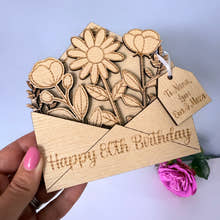 Load image into Gallery viewer, Wooden birthday card with floral design and 'Happy 80th Birthday' text, held by a hand.