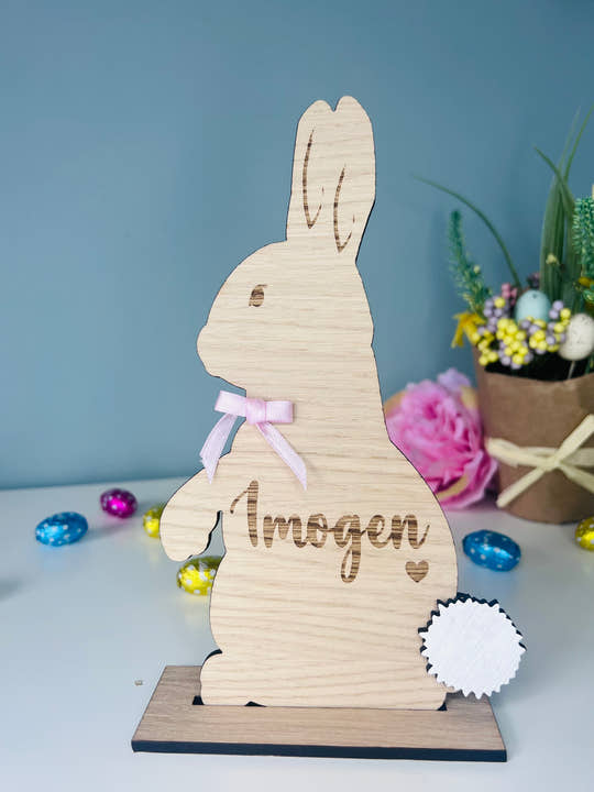 Personalised wooden Easter bunny decoration, engraved with custom name. Perfect for Easter gifts, baskets, and festive home decor