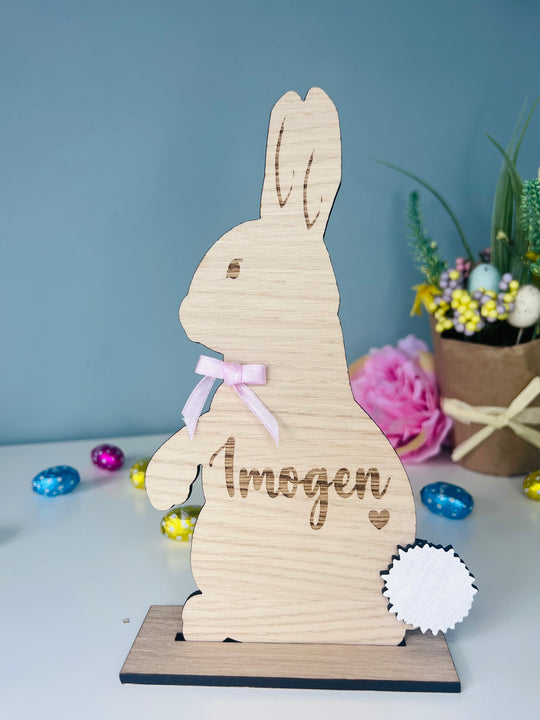 Personalised wooden Easter bunny decoration, engraved with custom name. Perfect for Easter gifts, baskets, and festive home decor