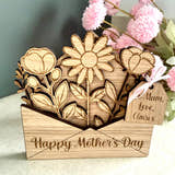 Load image into Gallery viewer, Personalised wooden Mothers day card with ‘Happy Mother’s day’ laser engraved on the front and a wooden gift tag with personalised gift details.