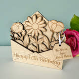 Load image into Gallery viewer, Wooden card with floral design and 'Happy 80th Birthday' message, featuring a pink rose.