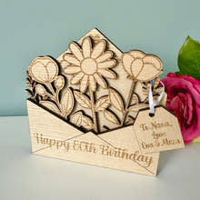 Load image into Gallery viewer, Wooden card with floral design and 'Happy 80th Birthday' message, featuring a pink rose.