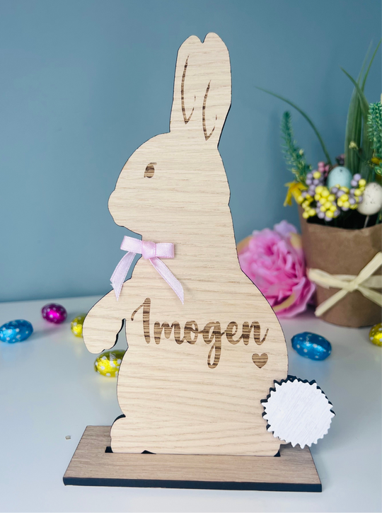 Personalised wooden Easter bunny decoration, engraved with custom name. Perfect for Easter gifts, baskets, and festive home decor