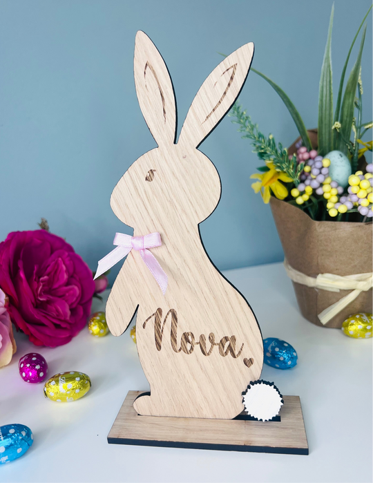 Personalised wooden Easter bunny decoration, engraved with custom name. Perfect for Easter gifts, baskets, and festive home decor