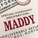 Load image into Gallery viewer, personalised santa sack with text 'Special overnight delivery for MADDY' and 'Not open before December 25th' on a textured background.