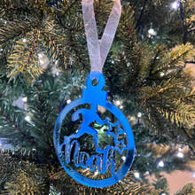 Load image into Gallery viewer, Blue acrylic Christmas ornament shaped like a fish on a tree