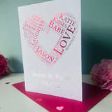 Load image into Gallery viewer, Personalised Valentine’s or anniversary card featuring heart shaped word art customised with names and special date