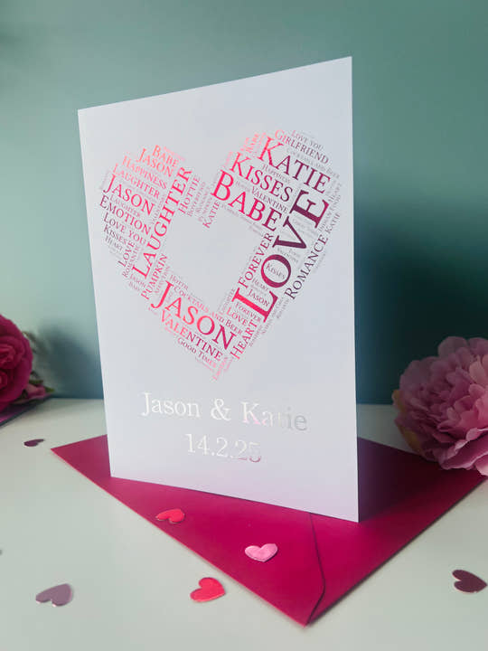 Personalised Valentine’s or anniversary card featuring heart shaped word art customised with names and special date