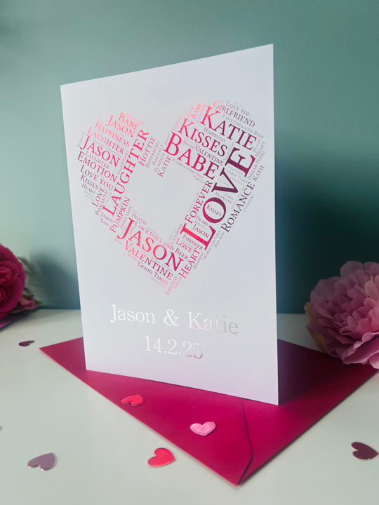 Personalised Valentine’s or anniversary card featuring heart shaped word art customised with names and special date