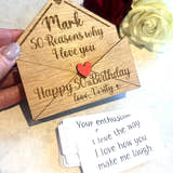 Load image into Gallery viewer, Personalised 50th Birthday Gift - Reasons Why I Love You Box - Custom Engraved Wooden Tokens for Him or Her