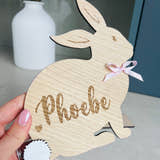 Load image into Gallery viewer, Personalised wooden Easter bunny decoration, engraved with custom name. Perfect for Easter gifts, baskets, and festive home decor