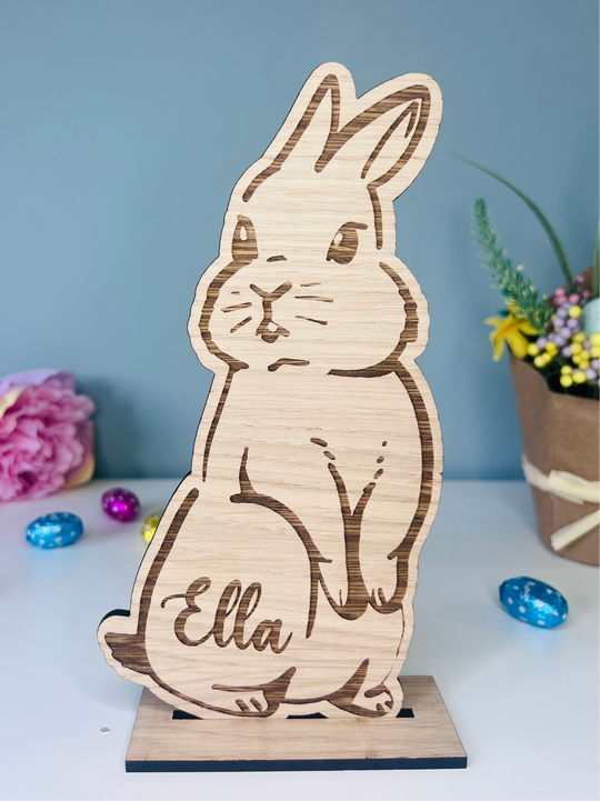 Personalised wooden Easter bunny decoration, engraved with custom name. Perfect for Easter gifts, baskets, and festive home decor