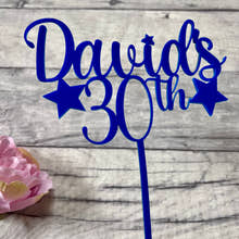 Load image into Gallery viewer, Personalised blue birthday cake topper with custom name and age