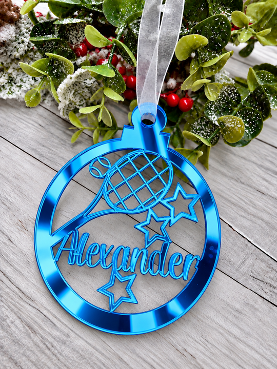 Personalised tennis Christmas decoration in blue mirrored acrylic