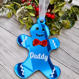Load image into Gallery viewer, Personalised gingerbread man Christmas decoration in blue mirrored acrylic