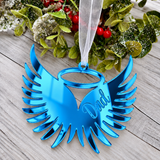 Load image into Gallery viewer, Angel wings in memory Christmas decoration in blue mirrored acrylic engraved with a name