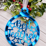 Load image into Gallery viewer, Personalised Best Teacher bauble Christmas decoration in blue mirrored acrylic