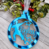 Load image into Gallery viewer, Personalised karate Christmas decoration in blue mirrored acrylic