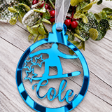 Load image into Gallery viewer, Personalised snowboarder Christmas decoration in blue mirrored acrylic