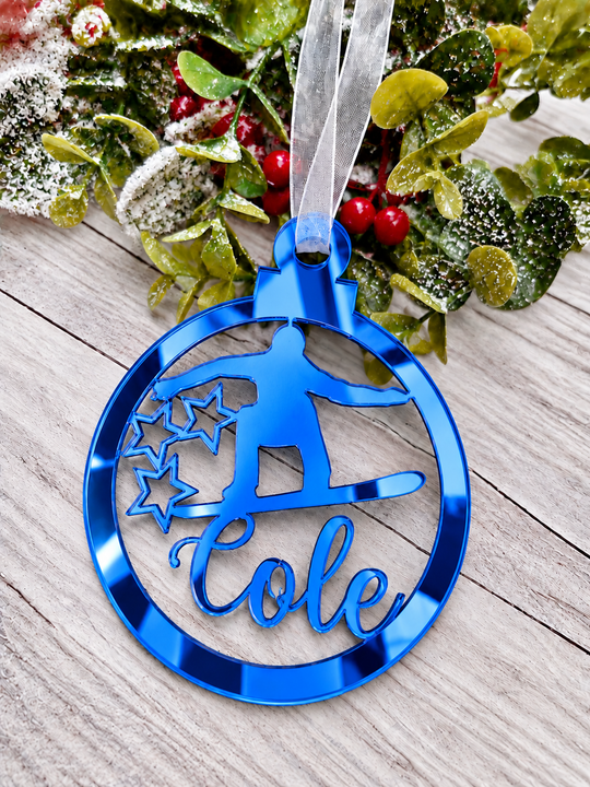 Personalised snowboarder Christmas decoration in blue mirrored acrylic