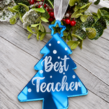 Load image into Gallery viewer, Personalised Best Teacher tree Christmas decoration in blue mirrored acrylic