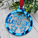 Load image into Gallery viewer, Personalised star Christmas decoration in blue mirrored acrylic