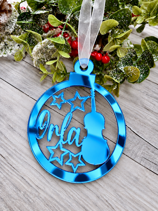 Personalised music Christmas decoration in blue mirrored acrylic