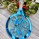 Load image into Gallery viewer, Personalised cyclist Christmas decoration in blue mirrored acrylic