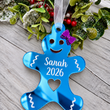 Load image into Gallery viewer, Personalised gingerbread lady Christmas decoration in blue mirrored acrylic