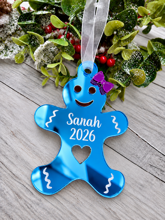 Personalised gingerbread lady Christmas decoration in blue mirrored acrylic