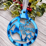 Load image into Gallery viewer, Personalised footballer Christmas decoration in blue mirrored acrylic